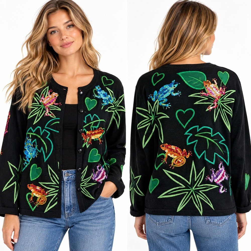 Y2K Michael Simon Womens Cardigan Frog Sequin Embroidered Cotton Black Sz M